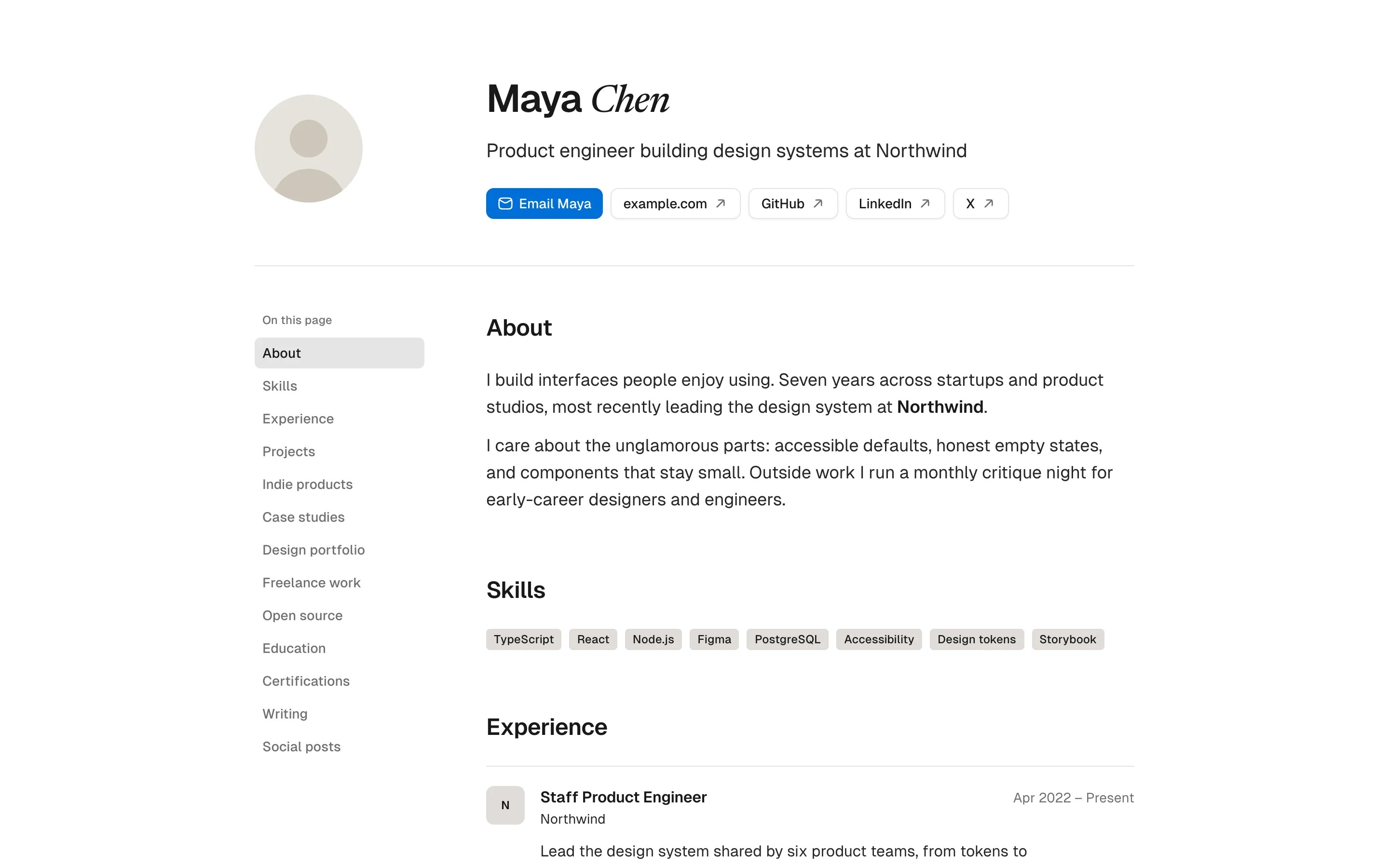 Maya Chen's sample page in the HYT Light template: her name, headline, links and chapters